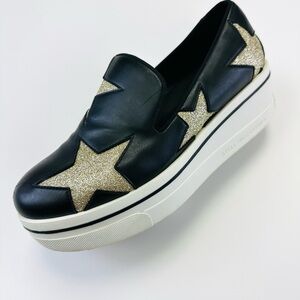 Stella McCartney Black Faux Leather Glitter Star Platform Sneakers 37 Slip On